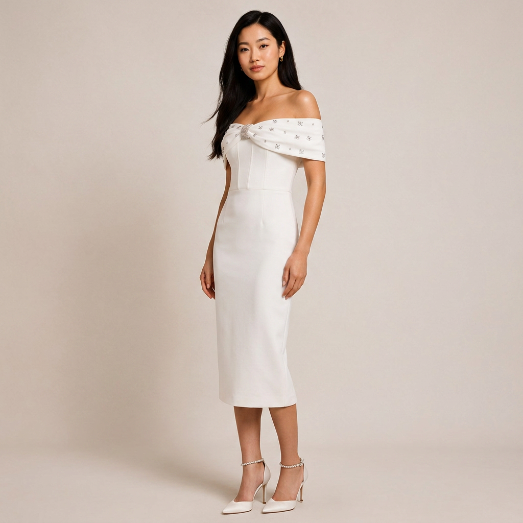 Off-the-Shoulder Beaded Midi Dress for Friday Night Vibes Women-Vyana Collective