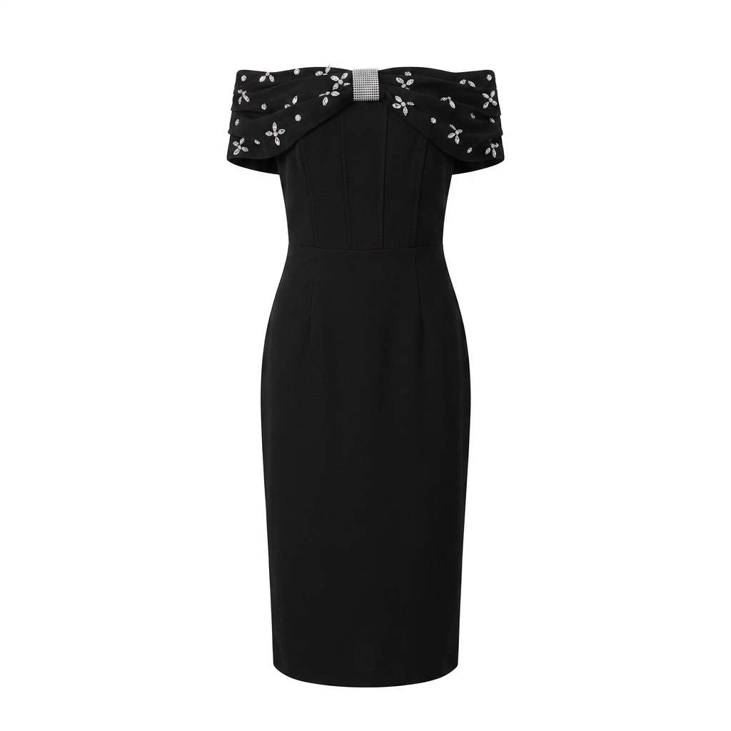 Off-the-Shoulder Beaded Midi Dress for Friday Night Vibes Women-Vyana Collective