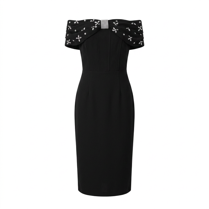 Off-the-Shoulder Beaded Midi Dress for Friday Night Vibes Women-Vyana Collective