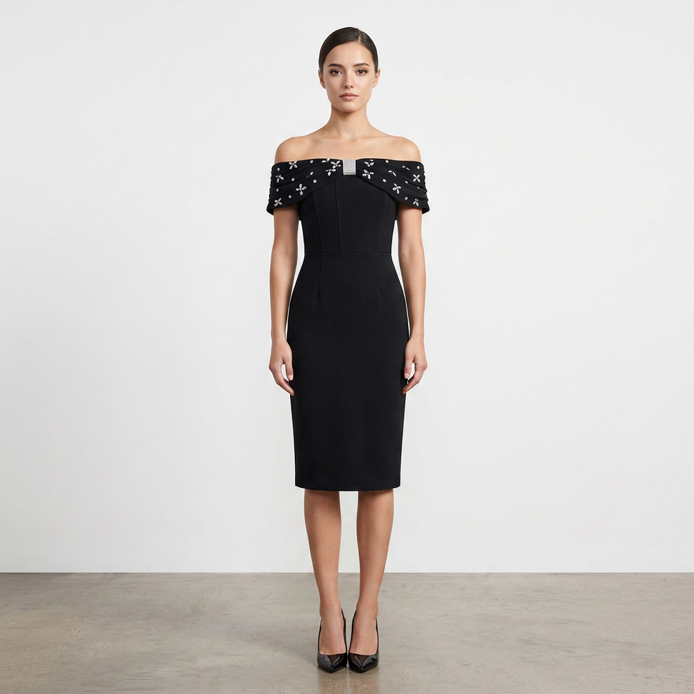 Off-the-Shoulder Beaded Midi Dress for Friday Night Vibes Women-Vyana Collective