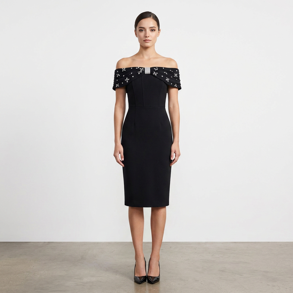 Off-the-Shoulder Beaded Midi Dress for Friday Night Vibes Women-Vyana Collective