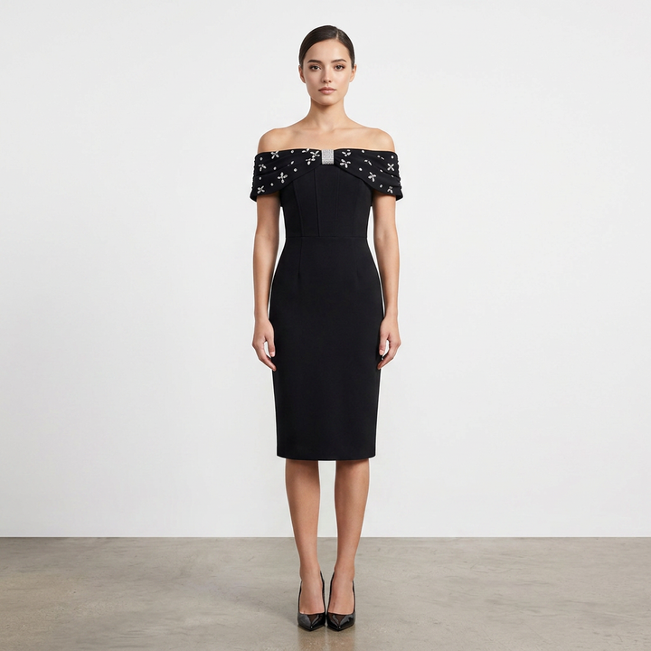 Off-the-Shoulder Beaded Midi Dress for Friday Night Vibes Women-Vyana Collective