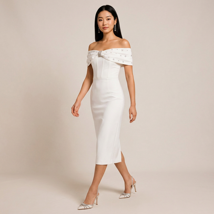 Off-the-Shoulder Beaded Midi Dress for Friday Night Vibes Women-Vyana Collective