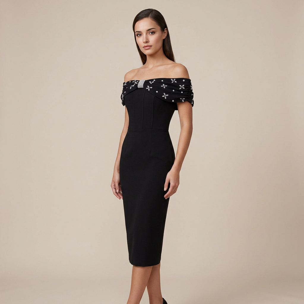 Off-the-Shoulder Beaded Midi Dress for Friday Night Vibes Women-Vyana Collective