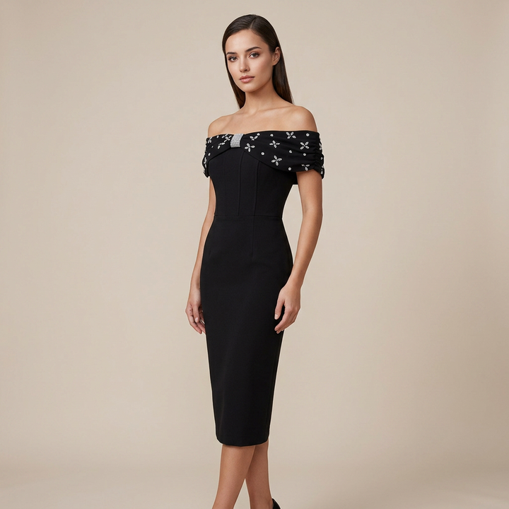 Off-the-Shoulder Beaded Midi Dress for Friday Night Vibes Women-Vyana Collective