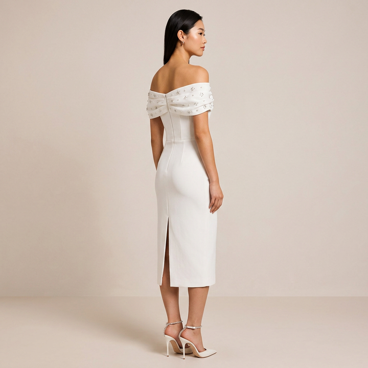 Off-the-Shoulder Beaded Midi Dress for Friday Night Vibes Women-Vyana Collective