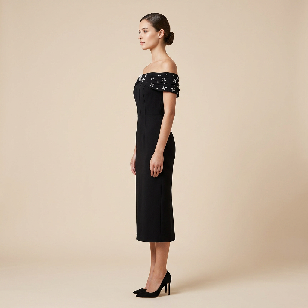 Off-the-Shoulder Beaded Midi Dress for Friday Night Vibes Women-Vyana Collective