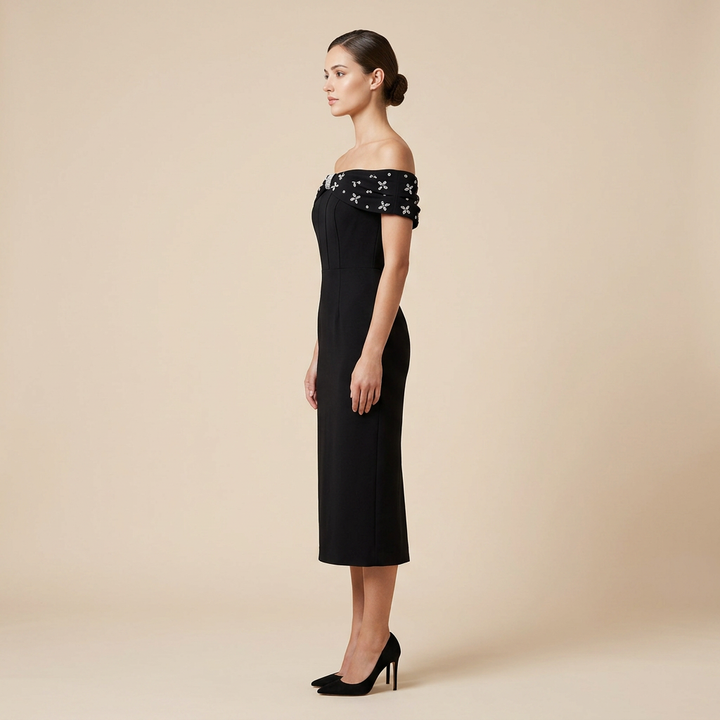 Off-the-Shoulder Beaded Midi Dress for Friday Night Vibes Women-Vyana Collective