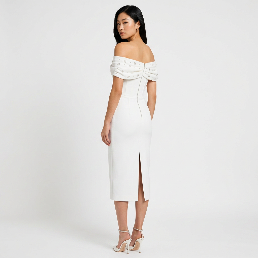Off-the-Shoulder Beaded Midi Dress for Friday Night Vibes Women-Vyana Collective