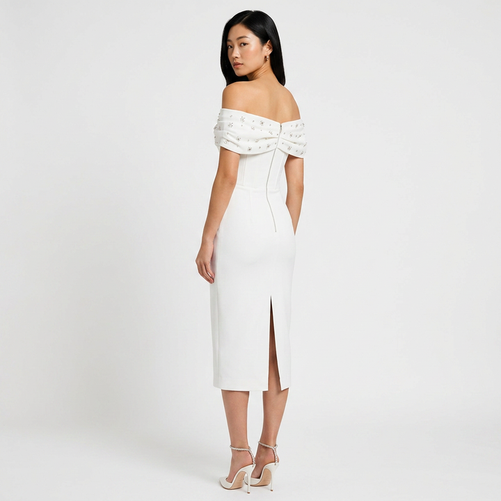 Off-the-Shoulder Beaded Midi Dress for Friday Night Vibes Women-Vyana Collective