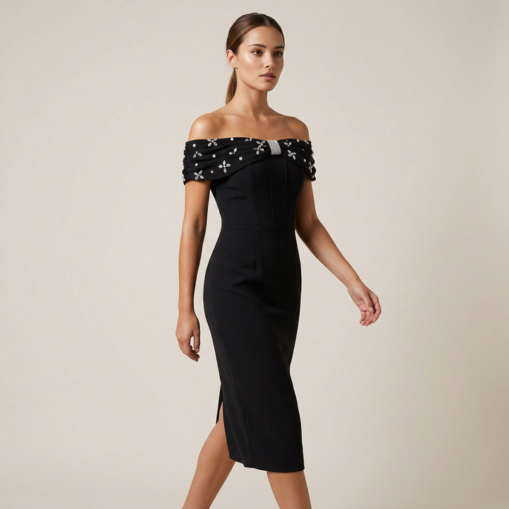 Off-the-Shoulder Beaded Midi Dress for Friday Night Vibes Women-Vyana Collective