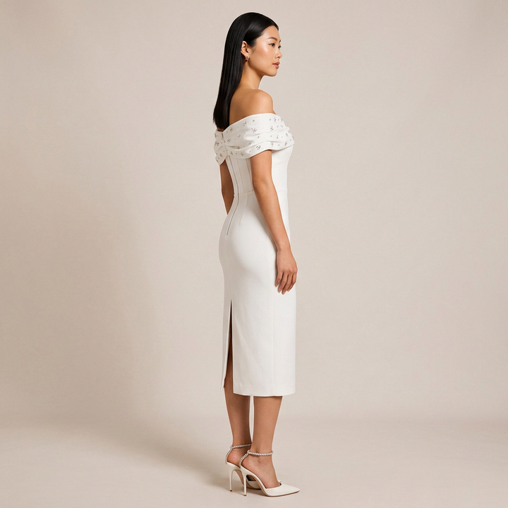 Off-the-Shoulder Beaded Midi Dress for Friday Night Vibes Women-Vyana Collective