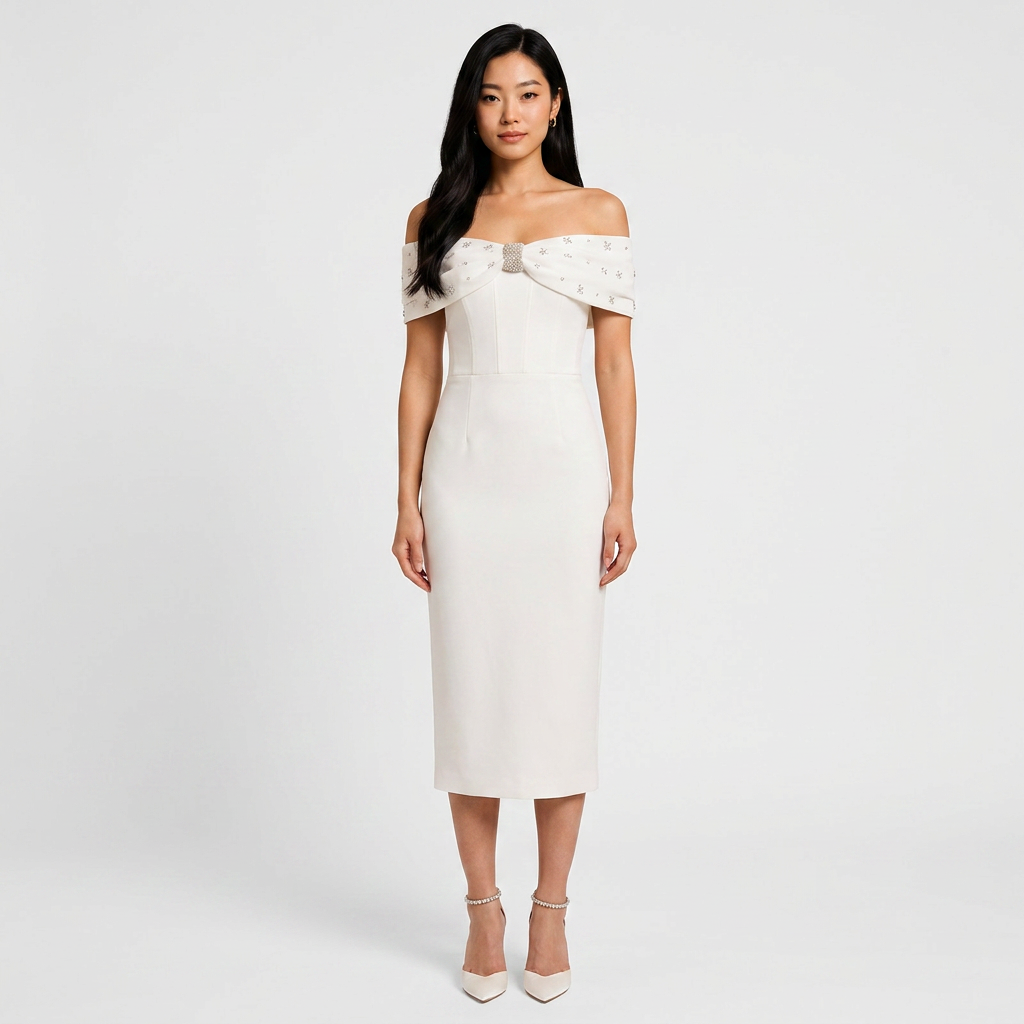 Off-the-Shoulder Beaded Midi Dress for Friday Night Vibes Women-Vyana Collective