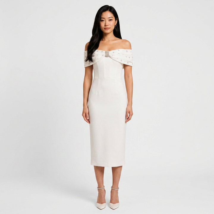Off-the-Shoulder Beaded Midi Dress for Friday Night Vibes Women-Vyana Collective