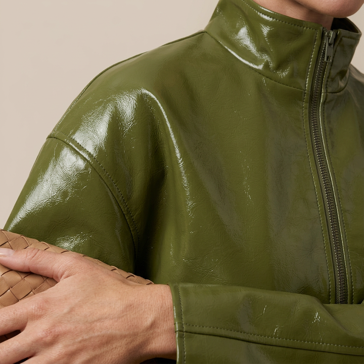 Olive Green Faux Leather Jacket and Midi Skirt Set for Statement Style and Modern Elegance Women-Vyana Collective