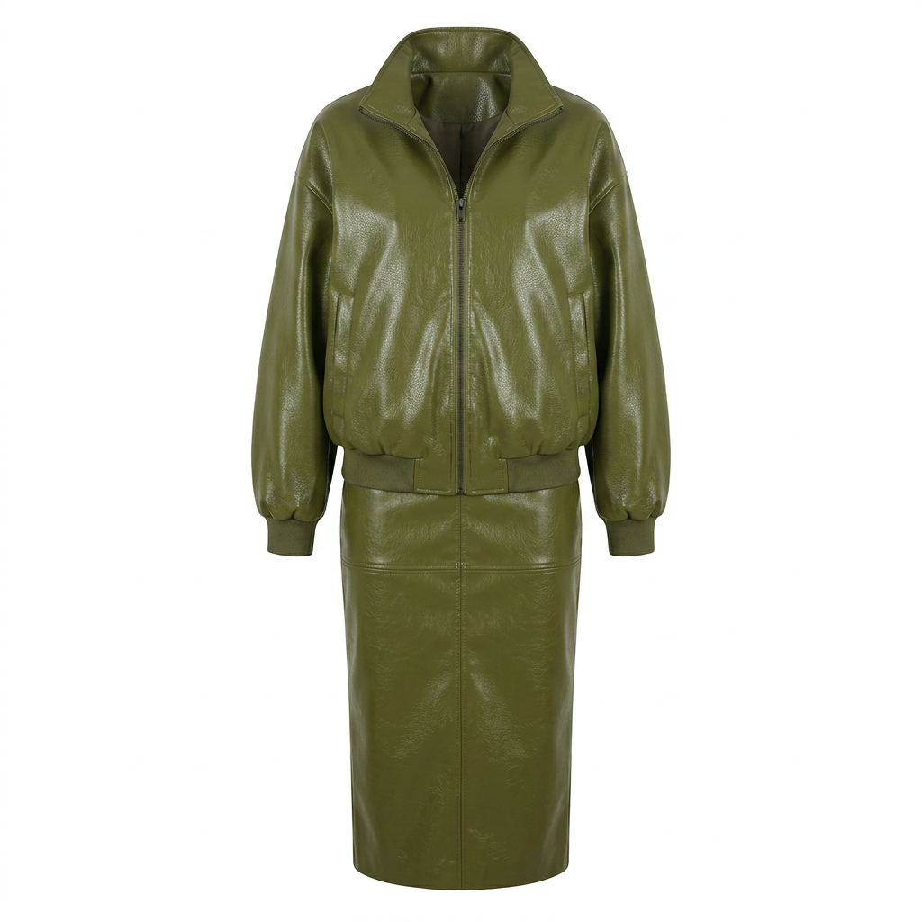 Olive Green Faux Leather Jacket and Midi Skirt Set for Statement Style and Modern Elegance Women-Vyana Collective
