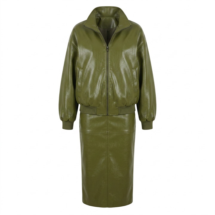 Olive Green Faux Leather Jacket and Midi Skirt Set for Statement Style and Modern Elegance Women-Vyana Collective
