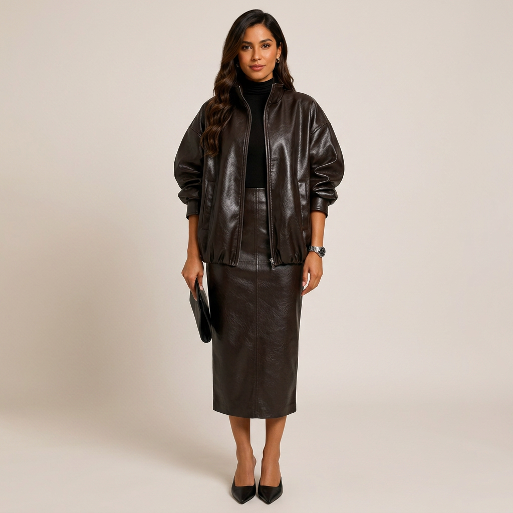Olive Green Faux Leather Jacket and Midi Skirt Set for Statement Style and Modern Elegance Women-Vyana Collective