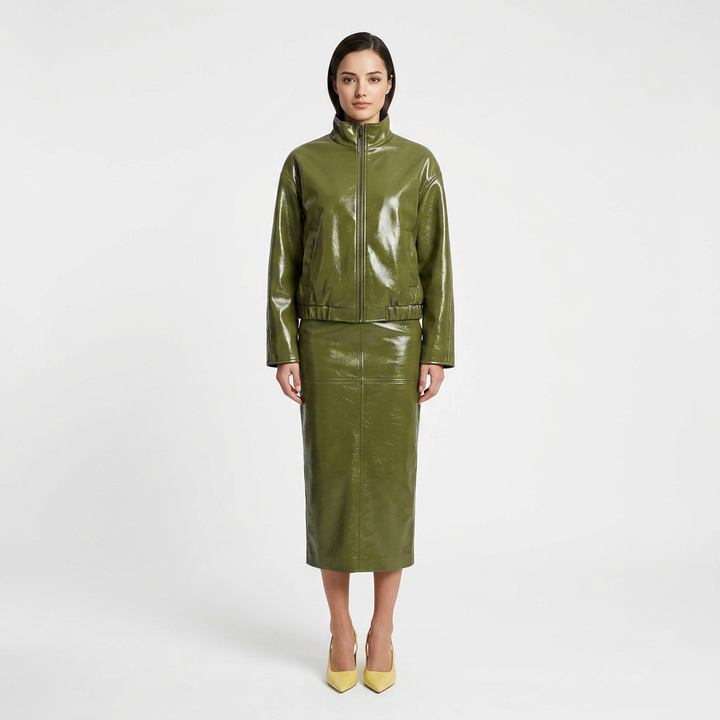Olive Green Faux Leather Jacket and Midi Skirt Set for Statement Style and Modern Elegance Women-Vyana Collective