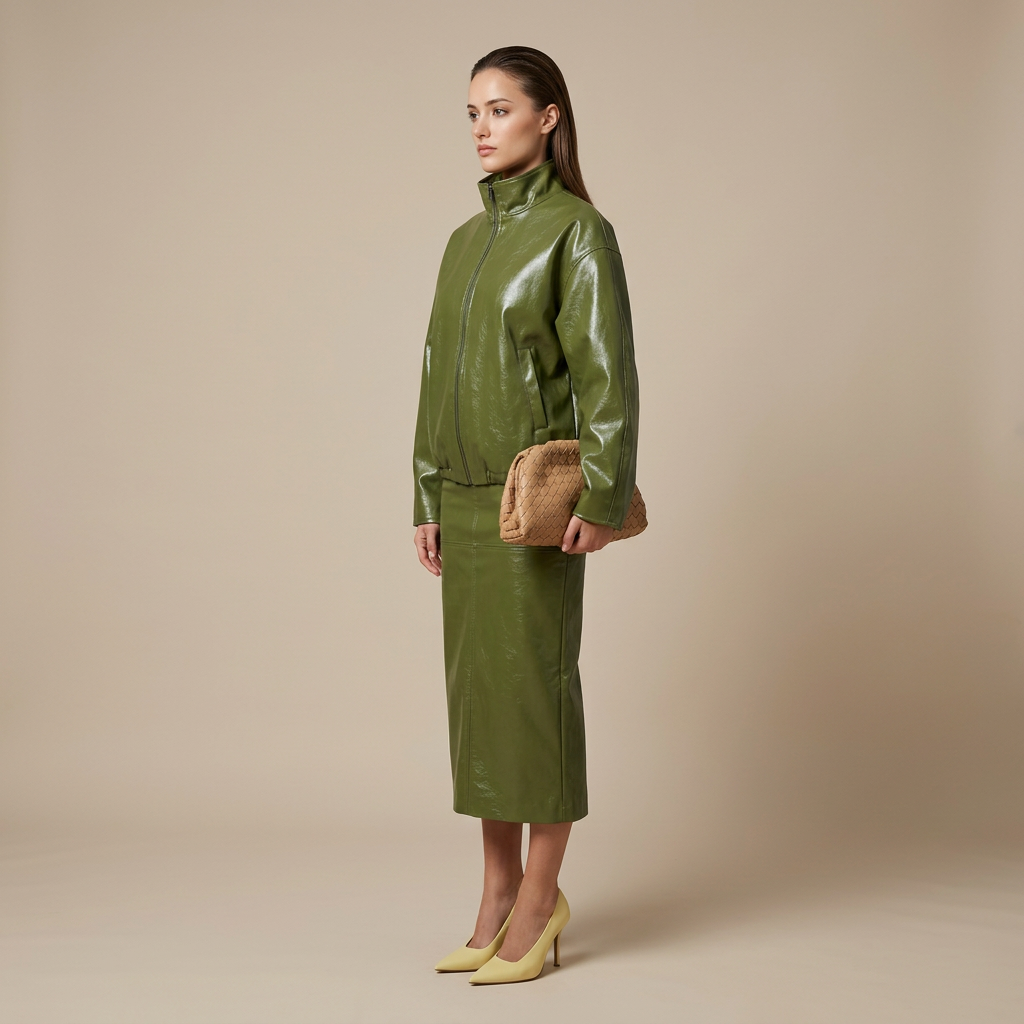 Olive Green Faux Leather Jacket and Midi Skirt Set for Statement Style and Modern Elegance Women-Vyana Collective