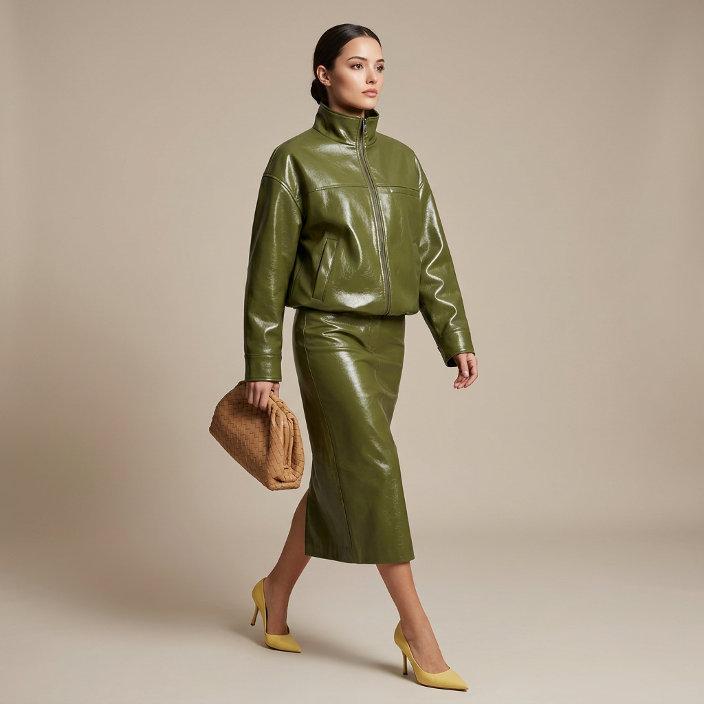 Olive Green Faux Leather Jacket and Midi Skirt Set for Statement Style and Modern Elegance Women-Vyana Collective