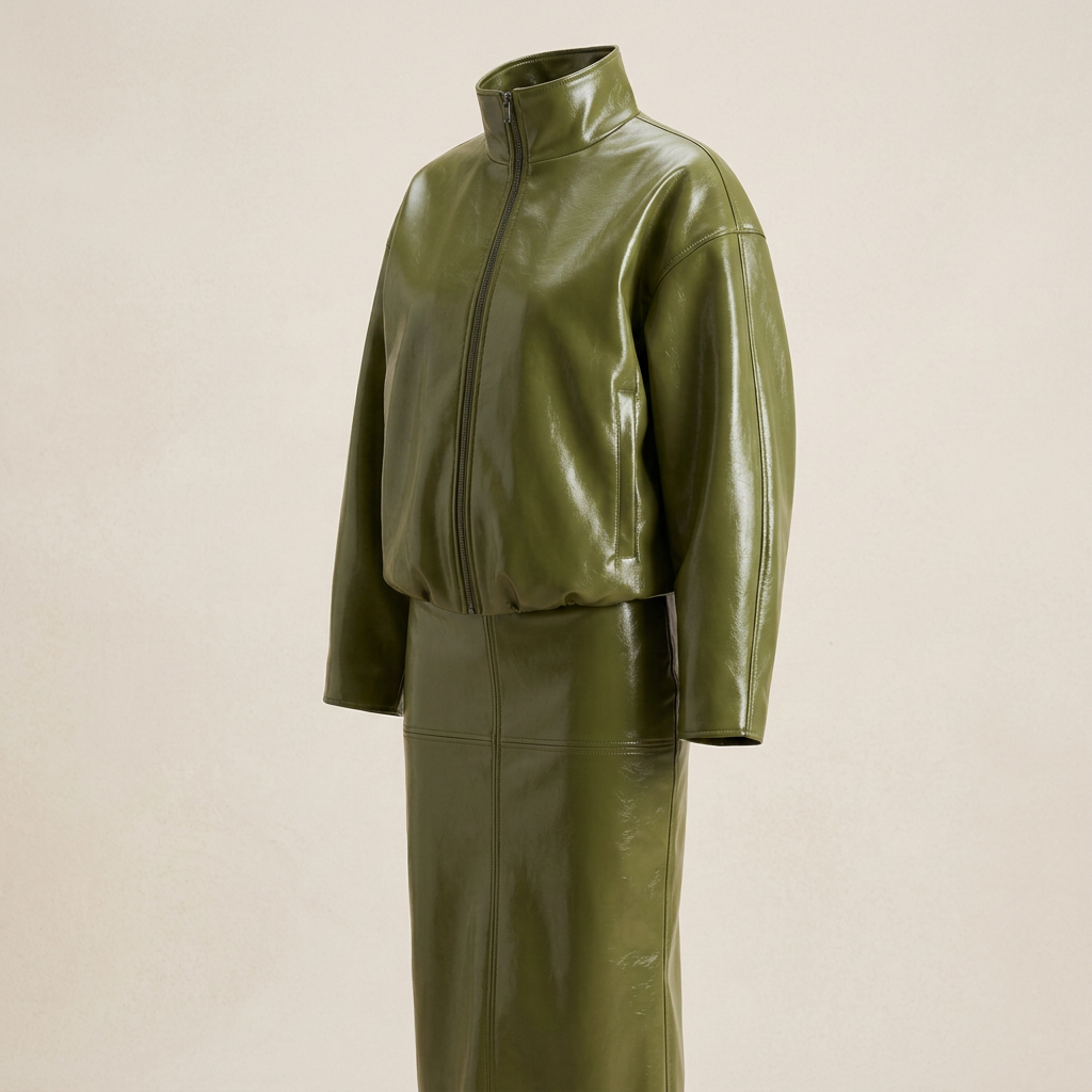 Olive Green Faux Leather Jacket and Midi Skirt Set for Statement Style and Modern Elegance Women-Vyana Collective