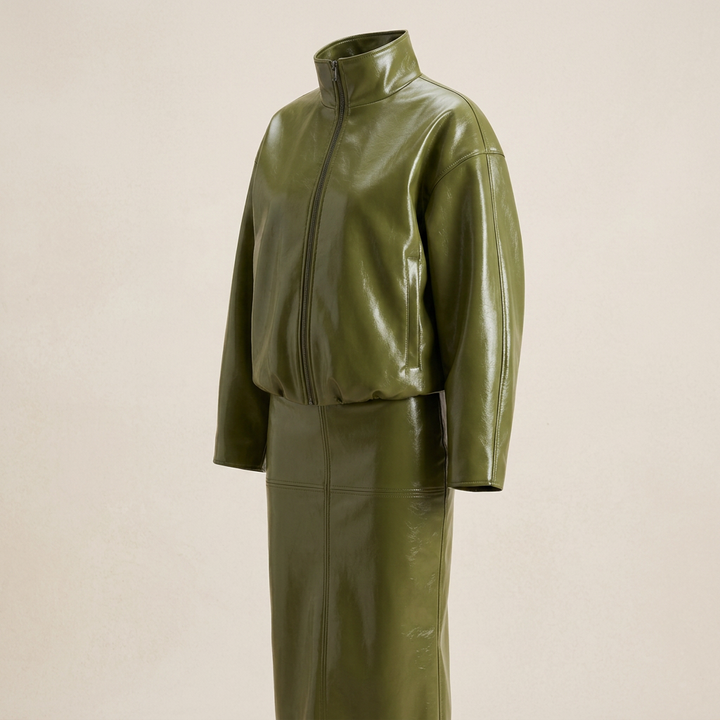 Olive Green Faux Leather Jacket and Midi Skirt Set for Statement Style and Modern Elegance Women-Vyana Collective