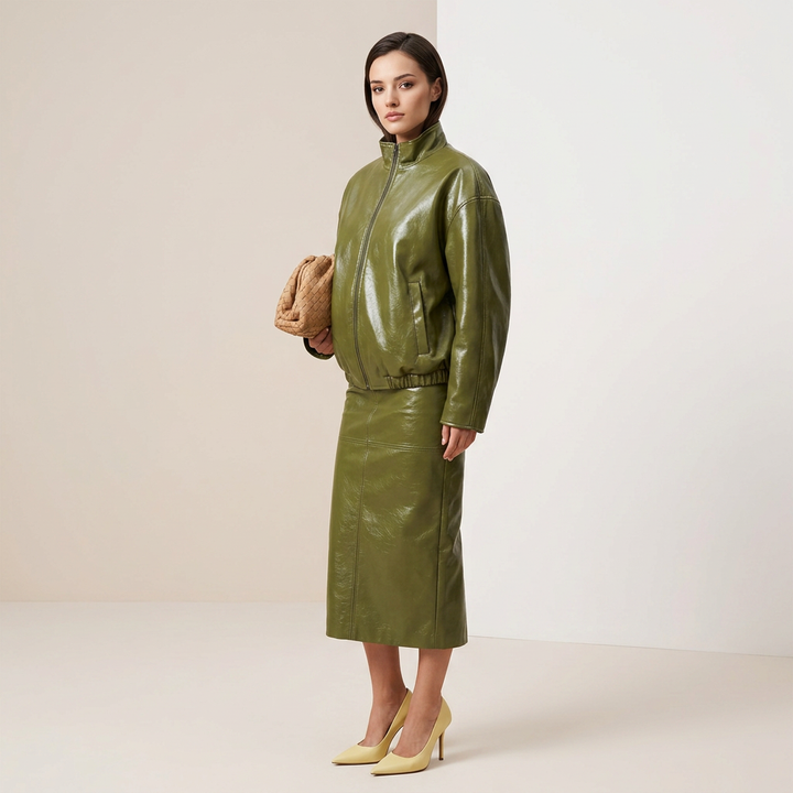 Olive Green Faux Leather Jacket and Midi Skirt Set for Statement Style and Modern Elegance Women-Vyana Collective