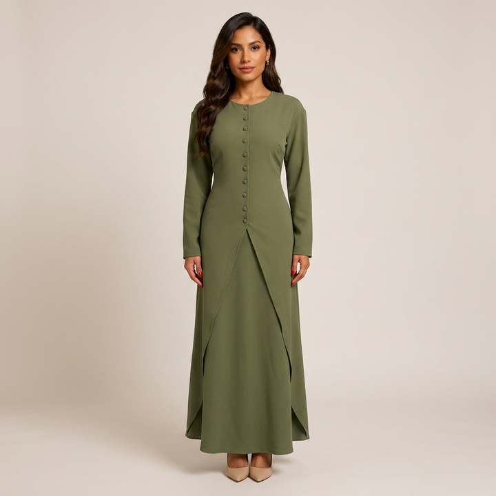 Olive Long Sleeve Top and Maxi Skirt Set-Vyana Collective