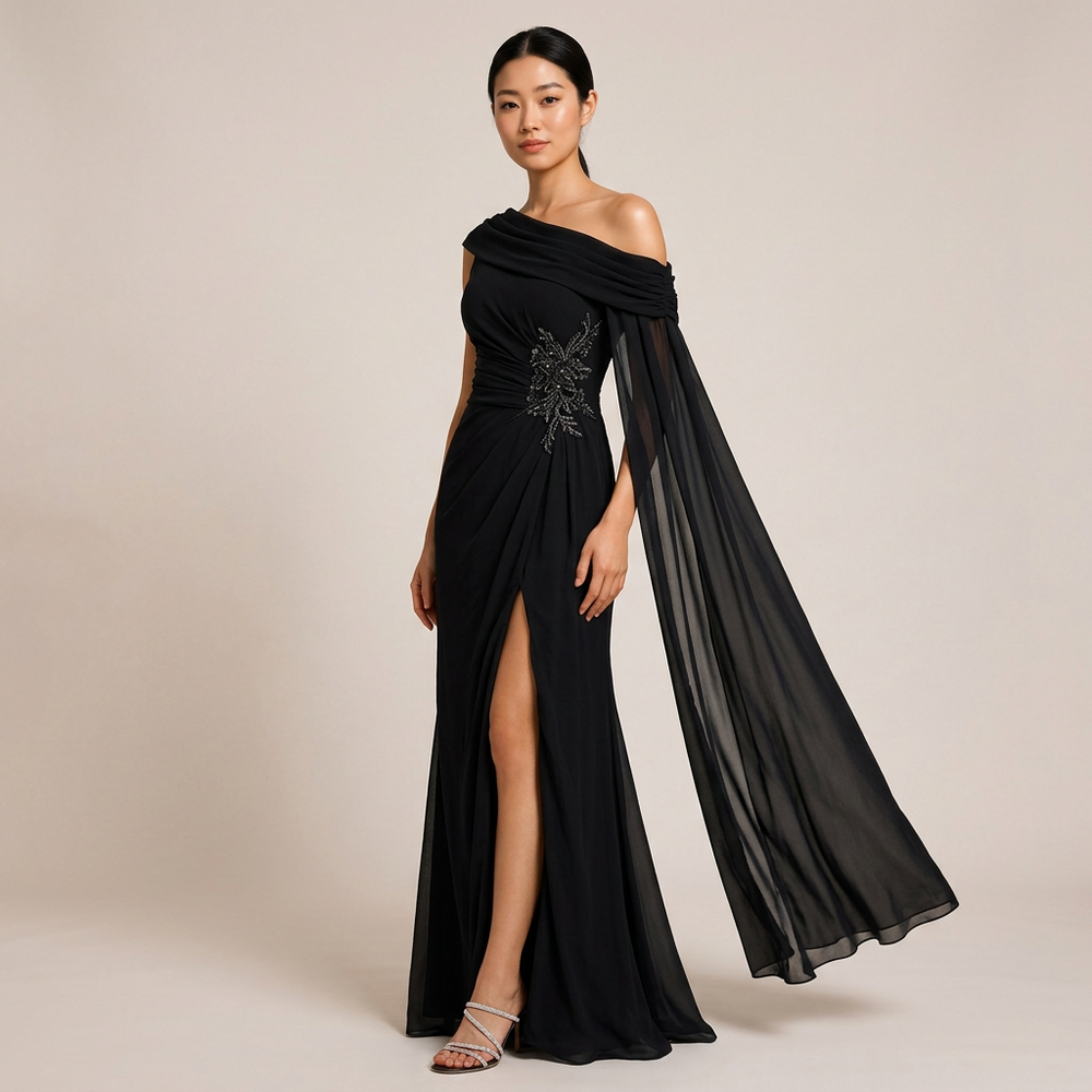 One-Shoulder Cape Sleeve Evening Gown with Beaded Waist Detail-Vyana Collective