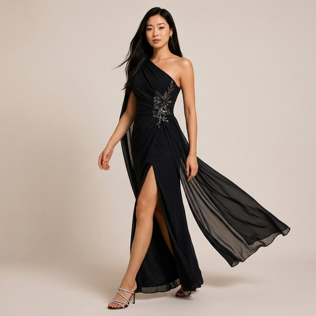 One-Shoulder Cape Sleeve Evening Gown with Beaded Waist Detail-Vyana Collective