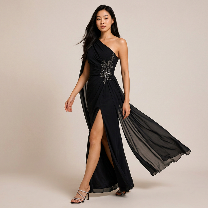 One-Shoulder Cape Sleeve Evening Gown with Beaded Waist Detail-Vyana Collective