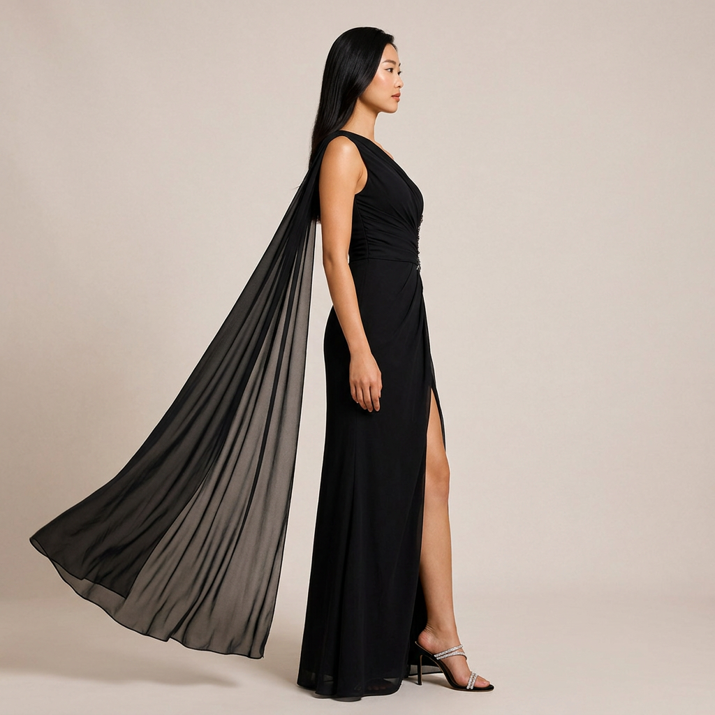 One-Shoulder Cape Sleeve Evening Gown with Beaded Waist Detail-Vyana Collective