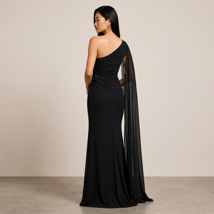 One-Shoulder Cape Sleeve Evening Gown with Beaded Waist Detail-Vyana Collective