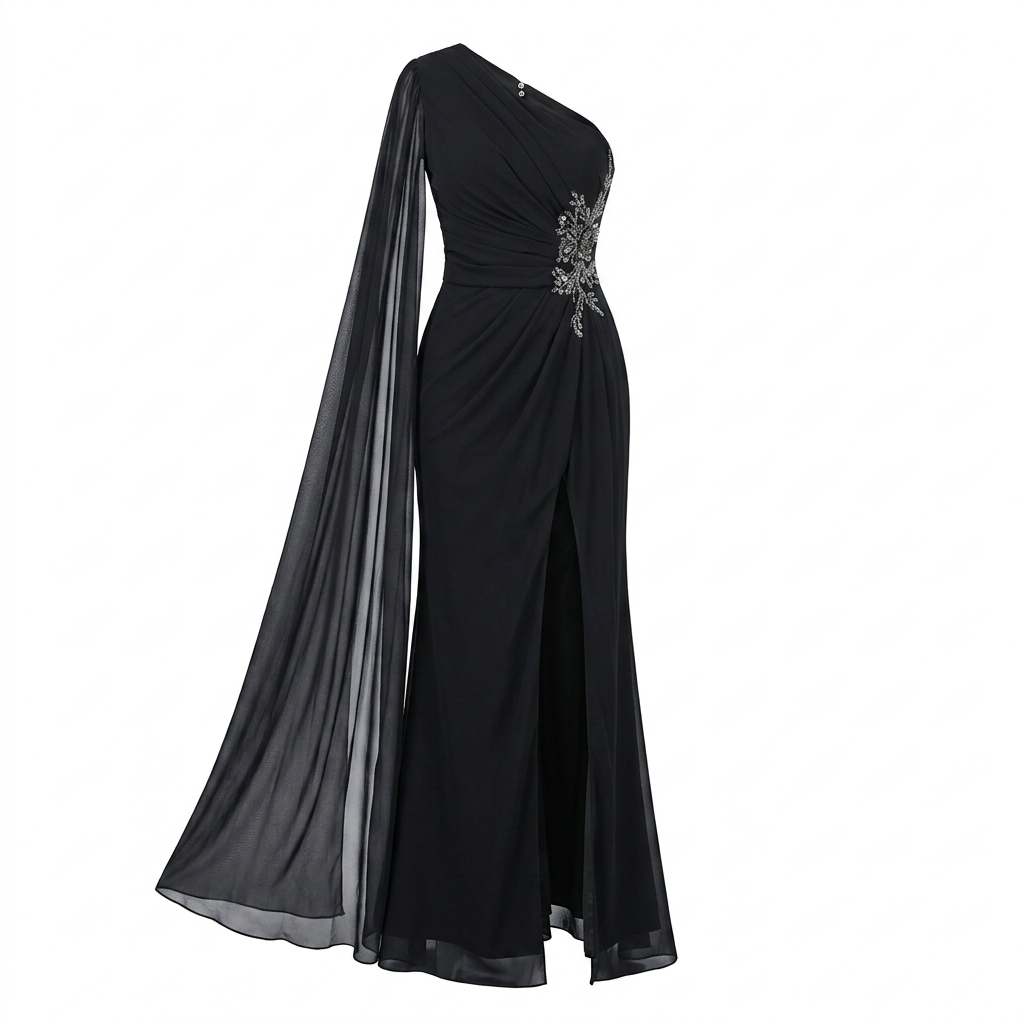 One-Shoulder Cape Sleeve Evening Gown with Beaded Waist Detail-Vyana Collective