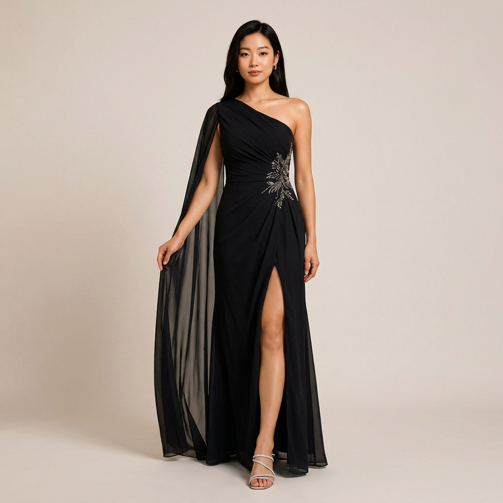 One-Shoulder Cape Sleeve Evening Gown with Beaded Waist Detail-Vyana Collective