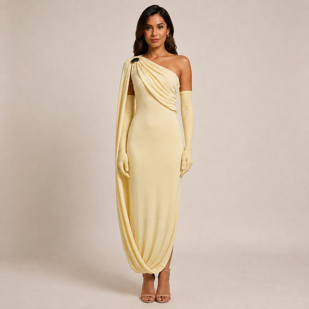 One-Shoulder Draped Maxi Gown With Matching Gloves-Vyana Collective