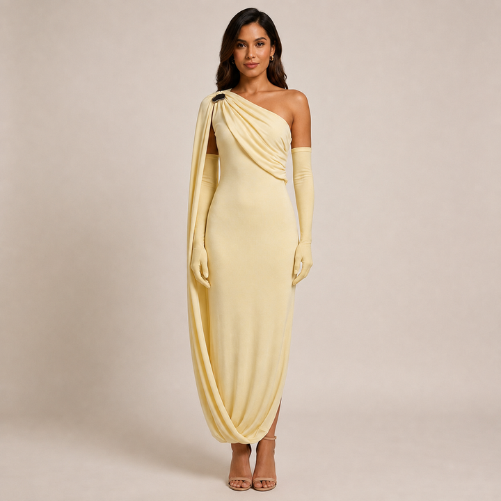 One-Shoulder Draped Maxi Gown With Matching Gloves-Vyana Collective