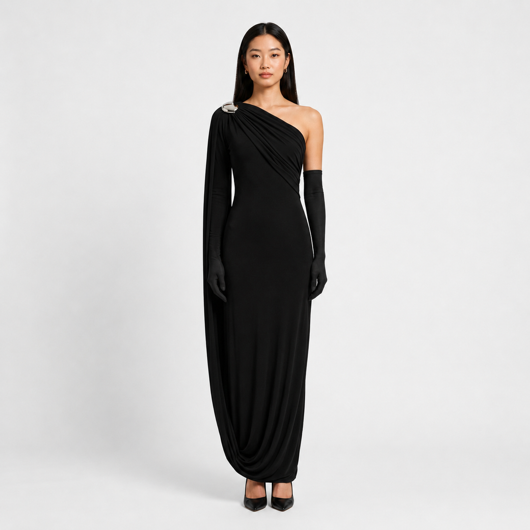 One-Shoulder Draped Maxi Gown With Matching Gloves-Vyana Collective