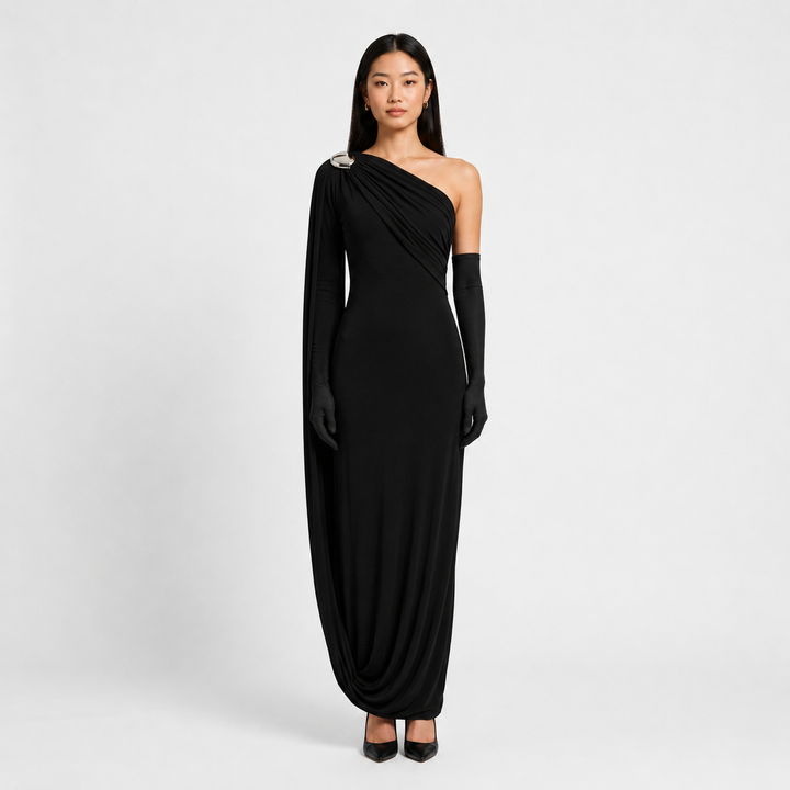 One-Shoulder Draped Maxi Gown With Matching Gloves-Vyana Collective
