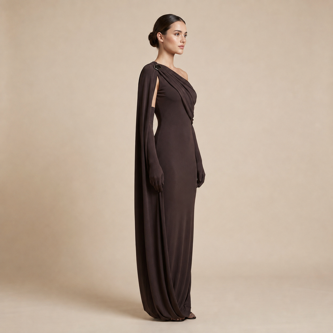 One-Shoulder Draped Maxi Gown With Matching Gloves-Vyana Collective