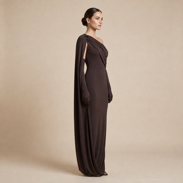 One-Shoulder Draped Maxi Gown With Matching Gloves-Vyana Collective