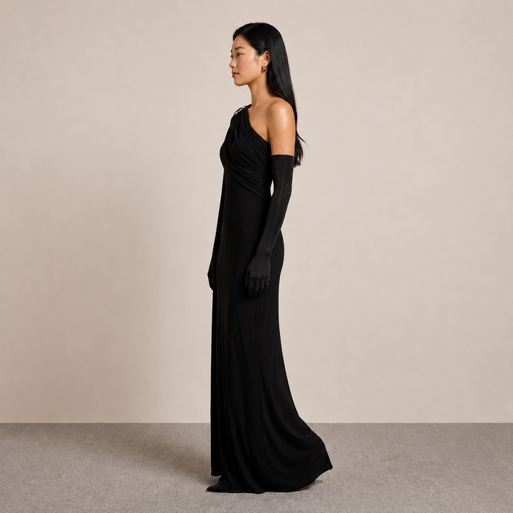 One-Shoulder Draped Maxi Gown With Matching Gloves-Vyana Collective