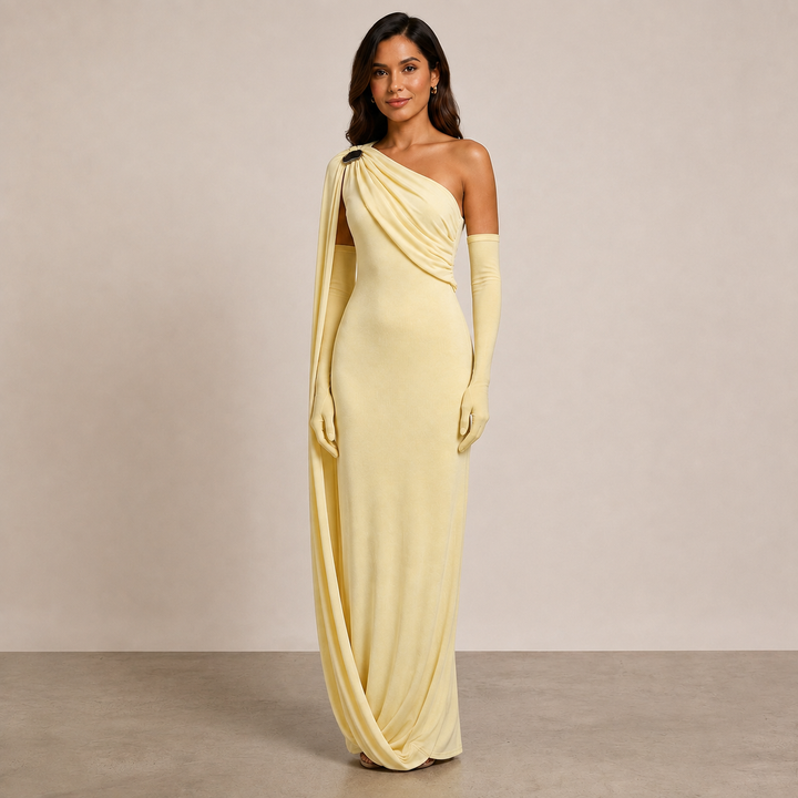 One-Shoulder Draped Maxi Gown With Matching Gloves-Vyana Collective