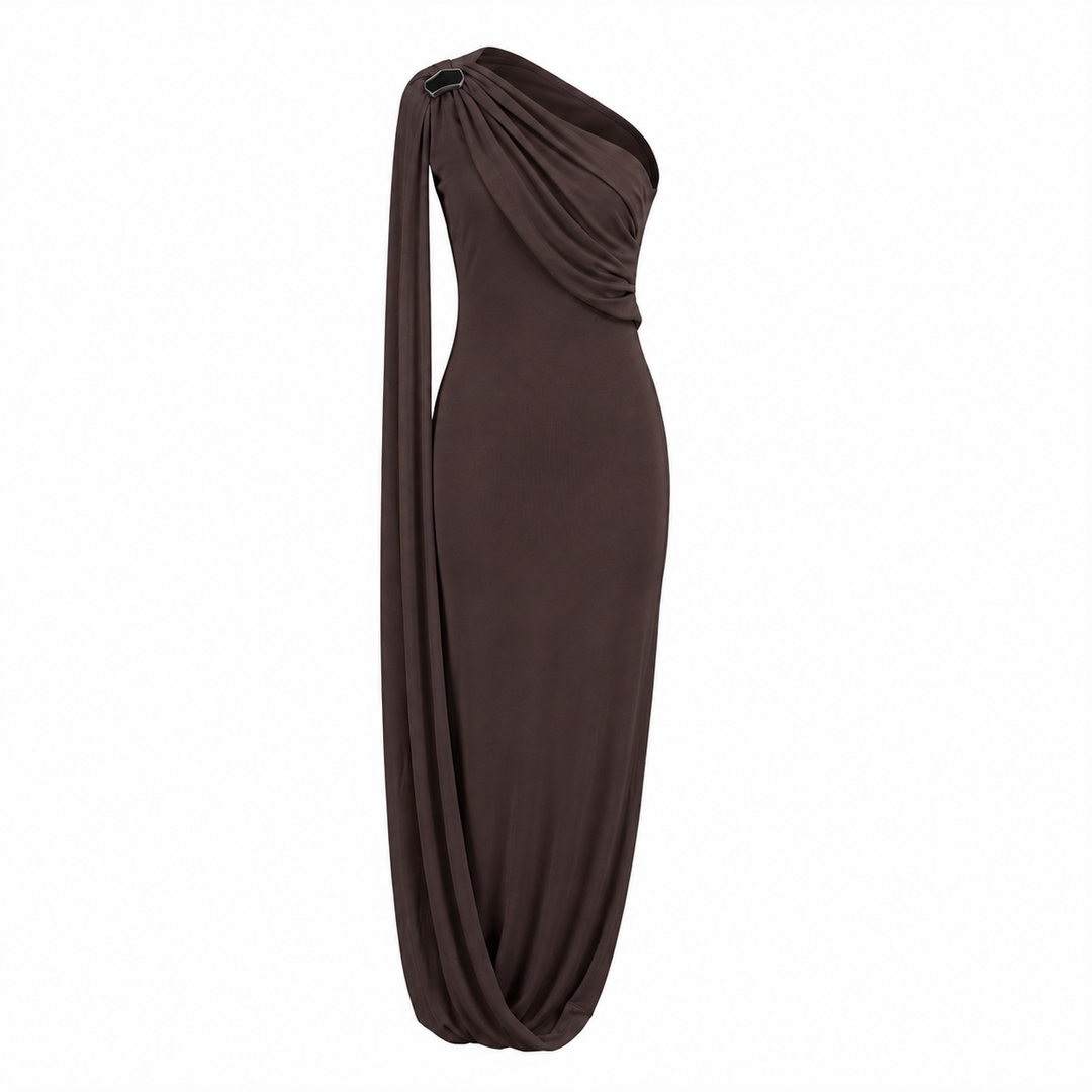 One-Shoulder Draped Maxi Gown With Matching Gloves-Vyana Collective