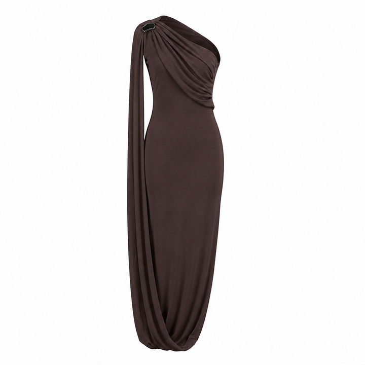 One-Shoulder Draped Maxi Gown With Matching Gloves-Vyana Collective