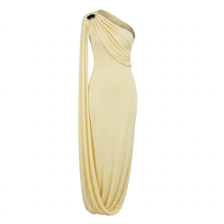 One-Shoulder Draped Maxi Gown With Matching Gloves-Vyana Collective