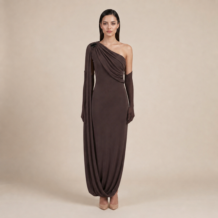 One-Shoulder Draped Maxi Gown With Matching Gloves-Vyana Collective