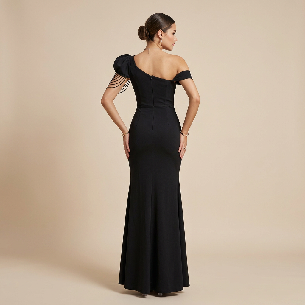 One-Shoulder Evening Gown with Beaded Shoulder Detail &amp; High Slit-Vyana Collective