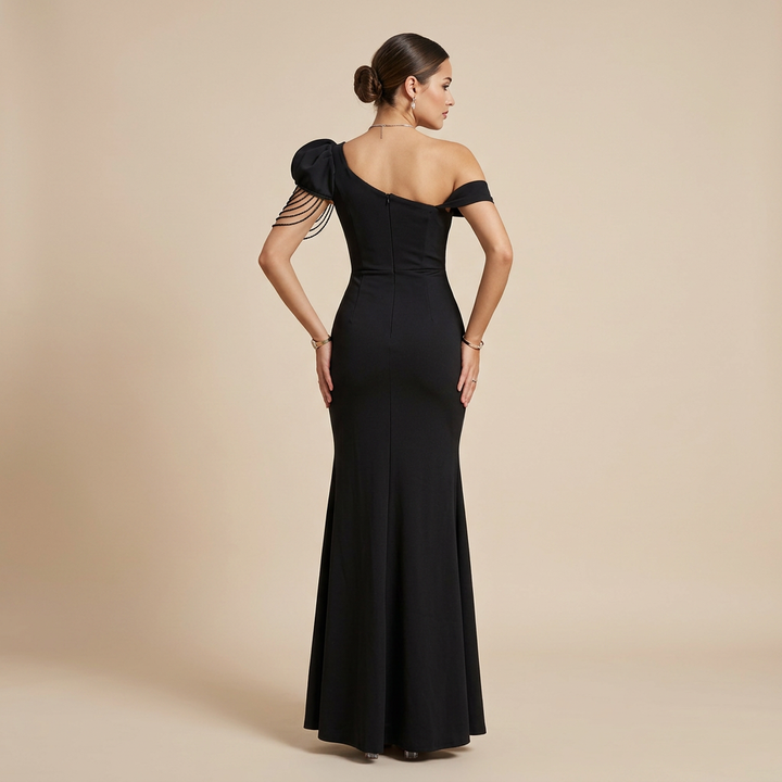 One-Shoulder Evening Gown with Beaded Shoulder Detail &amp; High Slit-Vyana Collective